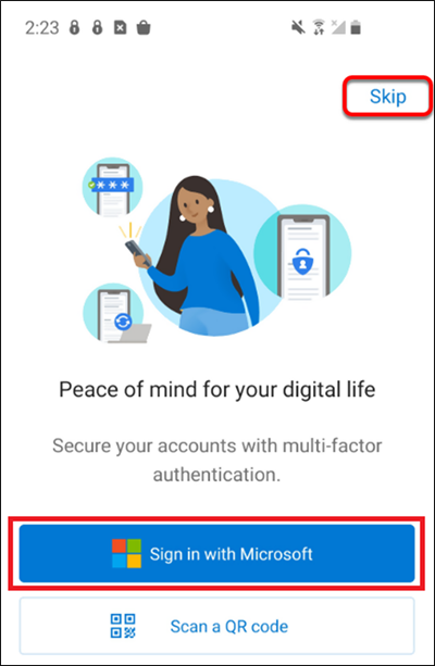 The sign in with Microsoft button on the authenticator app. 